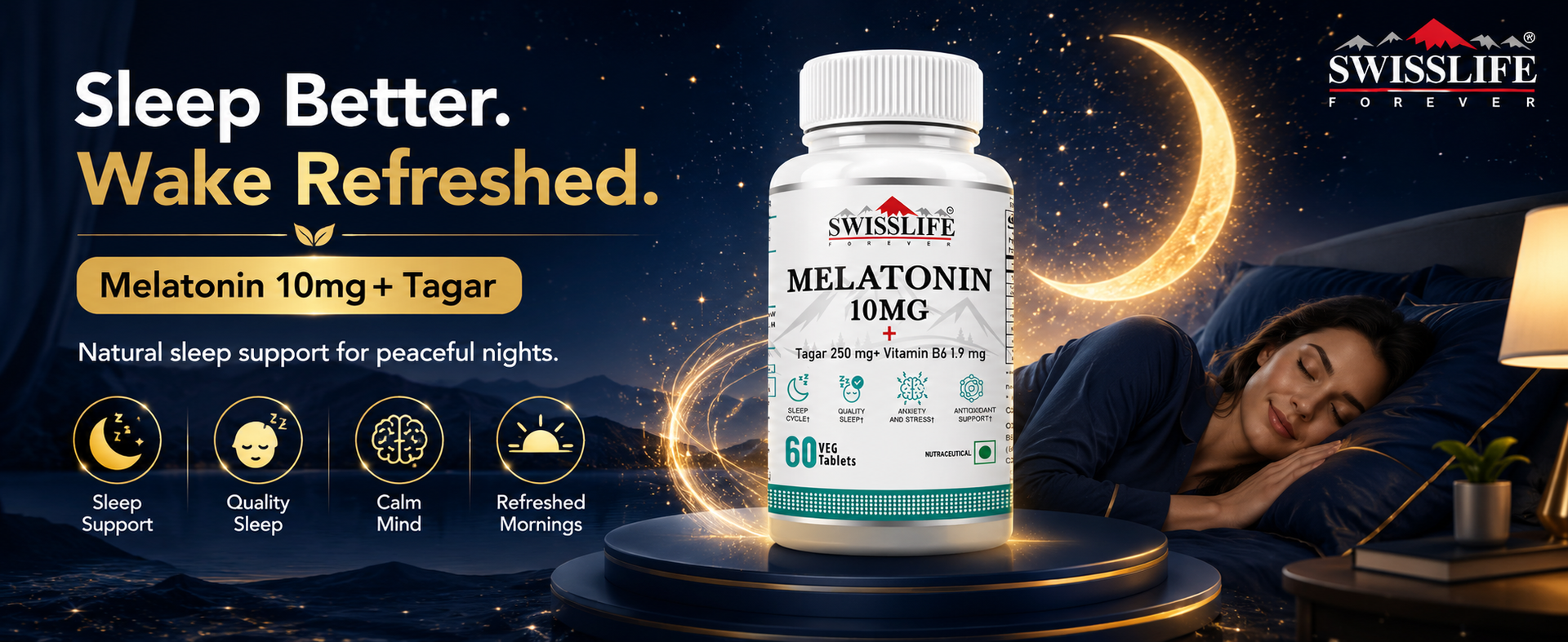 SwissLife Forever Melatonin 10mg Tablets (60 Veg Tablets) | With Tagar (Valerian) & Vitamin B6 | Sleep Support Supplement for Men & Women | Helps Relaxation, Jet Lag & Sleep Cycle Balance
