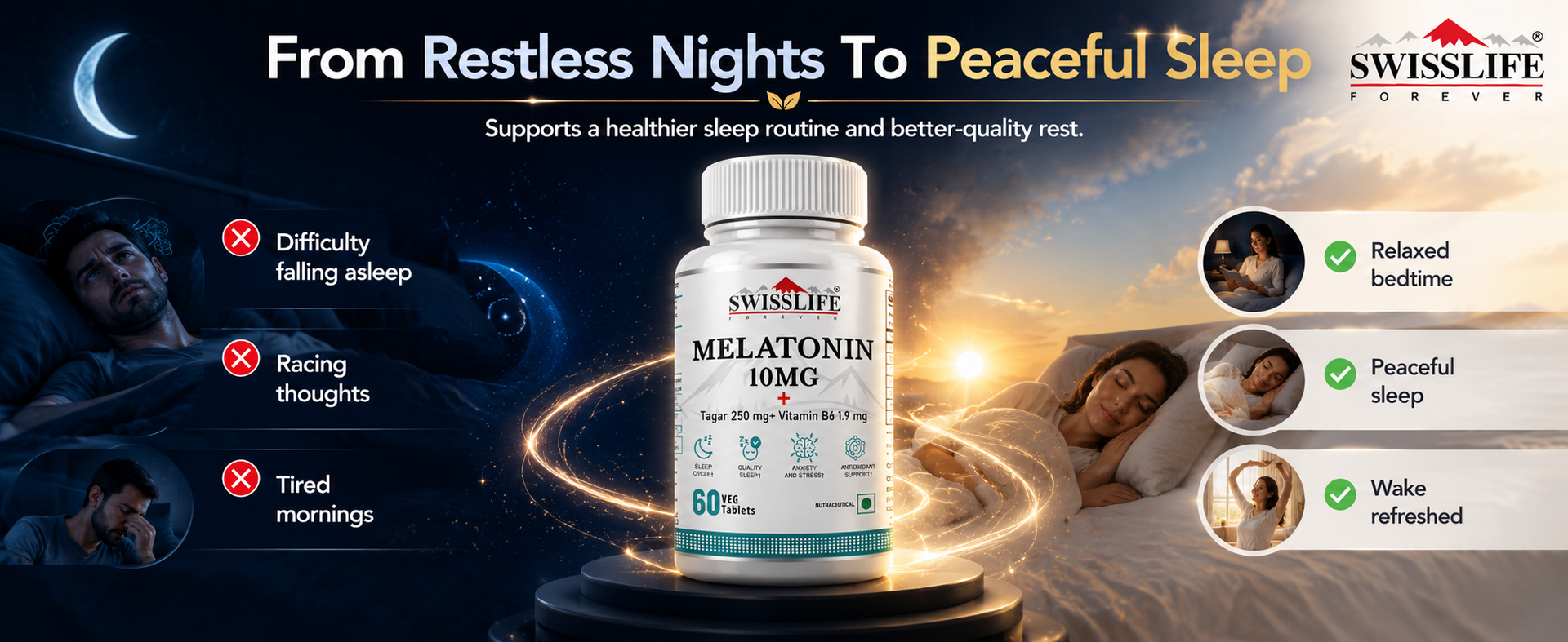 SwissLife Forever Melatonin 10mg Tablets (60 Veg Tablets) | With Tagar (Valerian) & Vitamin B6 | Sleep Support Supplement for Men & Women | Helps Relaxation, Jet Lag & Sleep Cycle Balance