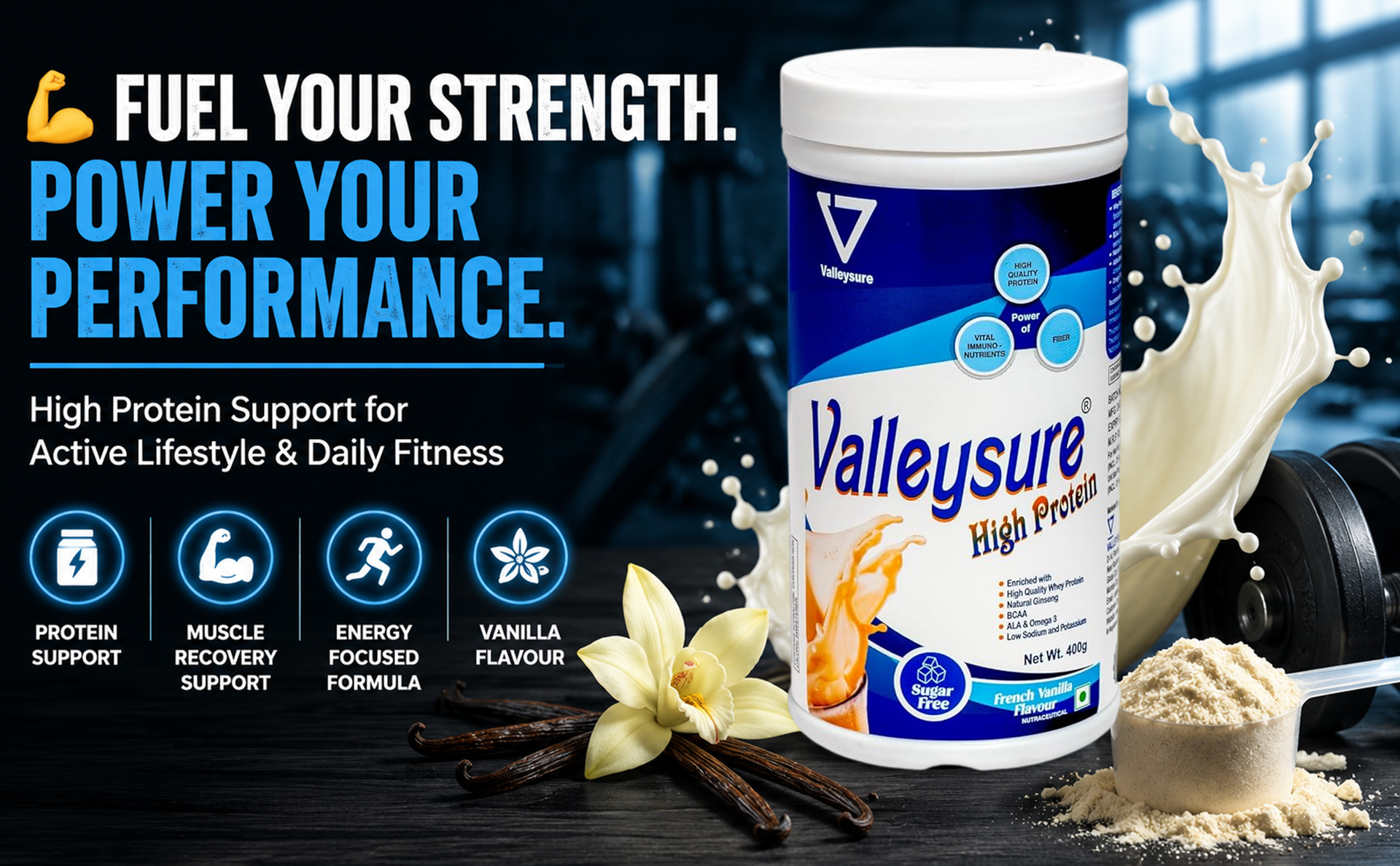High Protein Powder– 400g | Whey Protein Supplement | Helps for Muscle Recovery, Energy & Fitness (Vanilla)