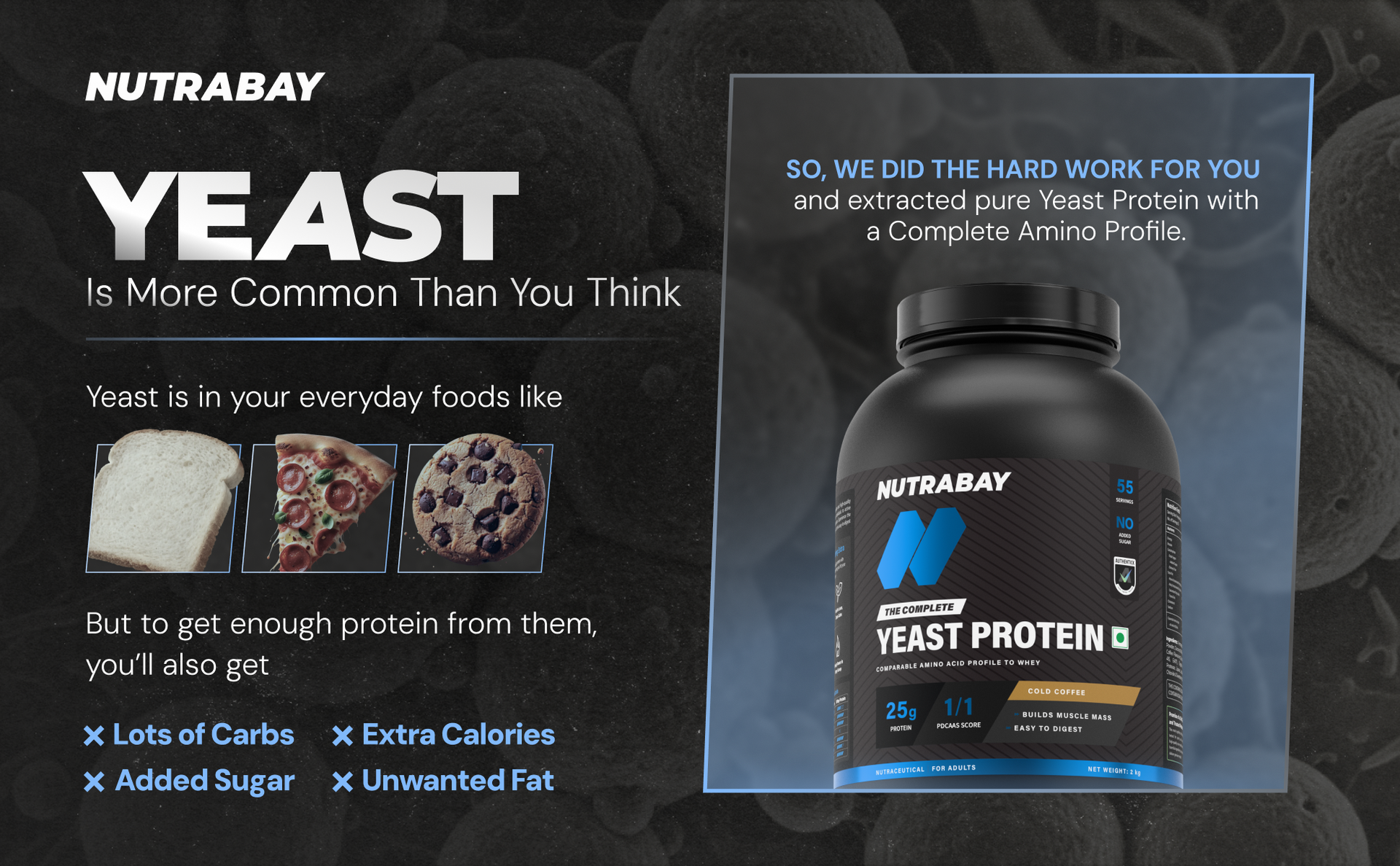 Nutrabay Fermented Yeast Protein Powder - 2kg, Cold Coffee | 25g Protein, 6.7g BCAA | 9 EAAs | PDCAAS 1 | Gut Friendly | Superior Muscle Growth | Higher Absorption | Sugar, Lactose & Soy Free