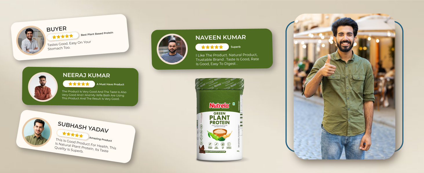 Nutrela Green Plant protein Powder - 500g (Chocolate) | Brown Rice & Pea with Multivitamins & Minerals