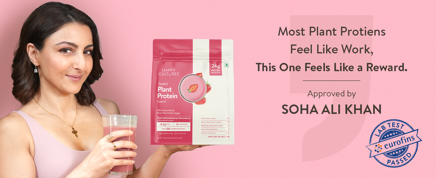 Happy Cultures 24g Tastiest Plant Protein| Mahabaleshwar Strawberry & Almond Chunks| No Added Sugar| Pea & Brown Rice Protein Isolate| Vegan| 20 Complete Amino Acids| Monk Fruit Extract| Women & Men| No Bloating, Easy to Digest| Dairy Free with Probiotics - 505g