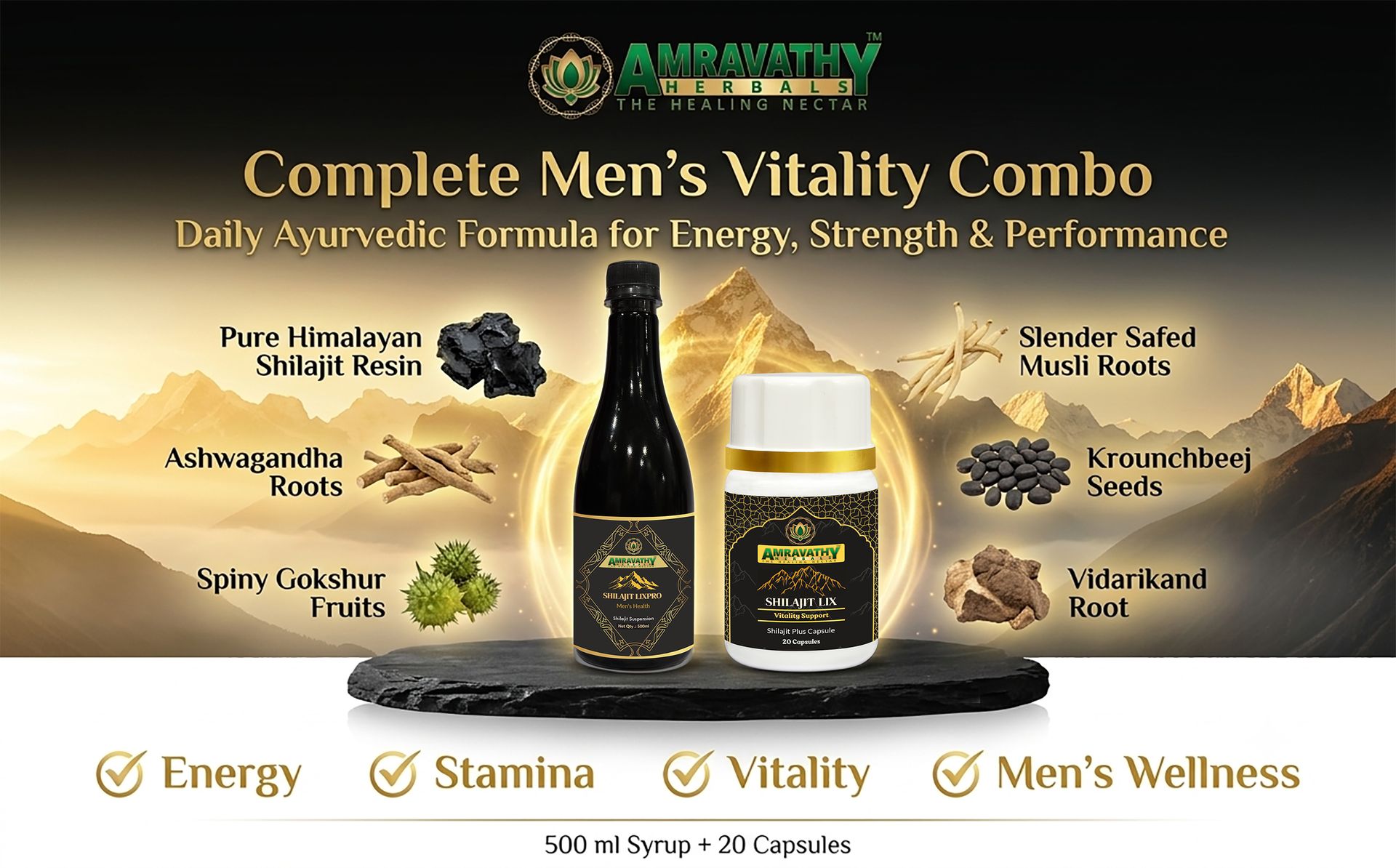 Shilajit LixPro Suspension 500ml with FREE Shilajit Lix Plus Capsules (20 Capsules) | Men's Vitality, Stamina & Energy Support | Ayurvedic Herbal Wellness Combo