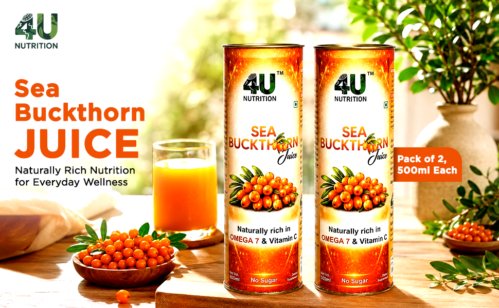 4U Nutrition Sea Buckthorn Juice 500ml (Pack of 4) | Natural Antioxidant Beverage with Vitamin C, Omega 3, 6, 7, 9 | Sea Buckthorn Pulp Concentrate for Daily Wellness & Total Body Care | For Men & Women