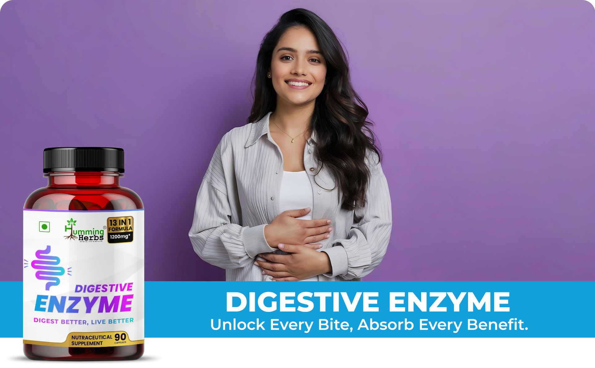 Humming Herbs Digestive Enzyme 13-in-1 – 1200 mg per Serving – Protease, Amylase, Cellulase, Hemicellulase, Glucoamylase, Maltose, Bromelain, Papain, Acid-Stable Protease, Lipase, Invertase, Lactase + Inulin – 90 Vegan Capsules