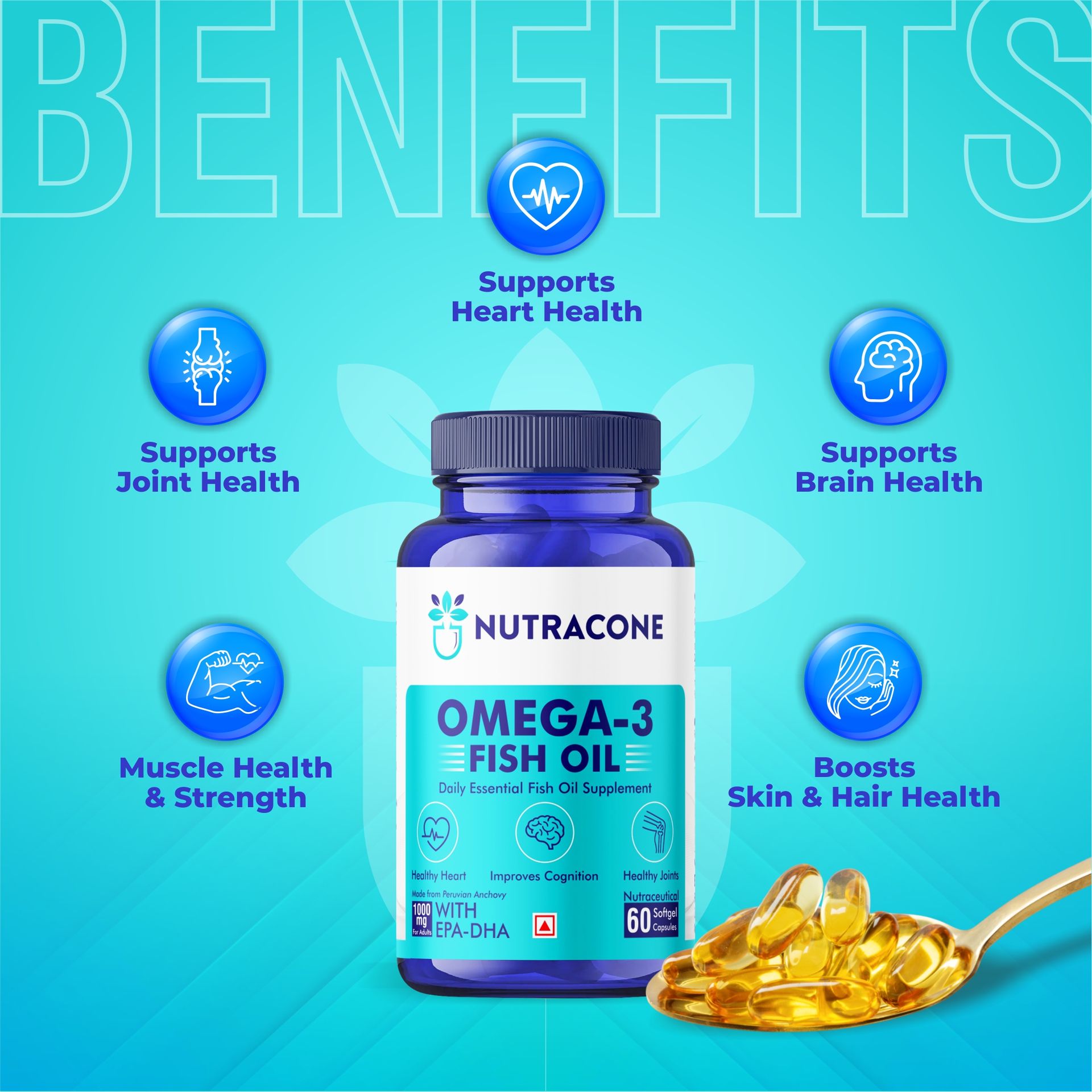 Omega-3 Fish Oil 1000mg - 30 Capsules| For Men & Women | Daily Strength - 180 mg EPA & 120 mg DHA| For Muscle & Joint Support, Healthy Heart & Cognitive Support| No Fishy Burps