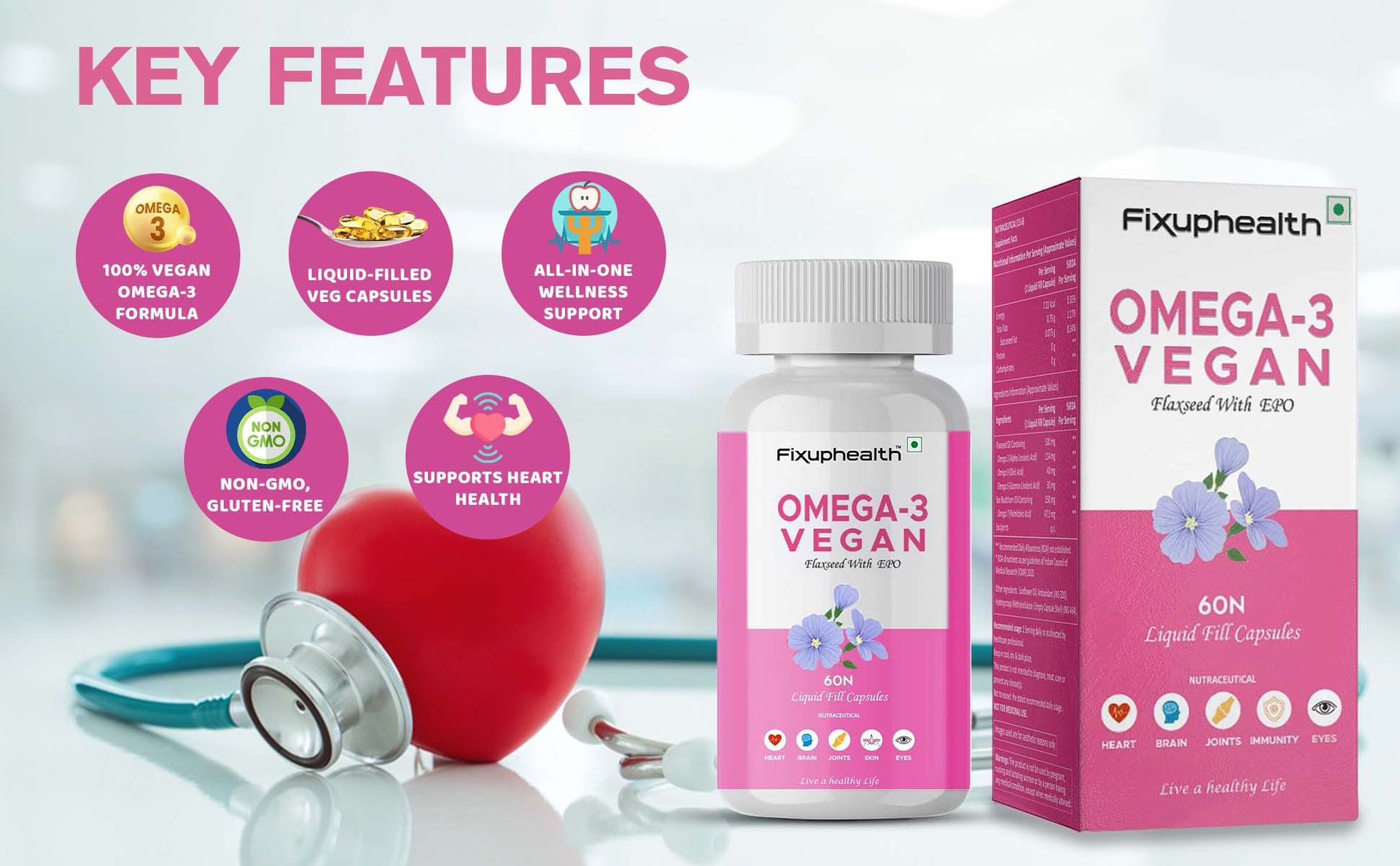 Fixuphealth Flaxseed Oil Omega 3 Vegetarian Capsules with Evening Primrose Oil | Vegan Omega 3 Supplement for Hair, Skin, Heart, Brain, Joint & Bone Health | 60 Liquid Filled Veg Capsules