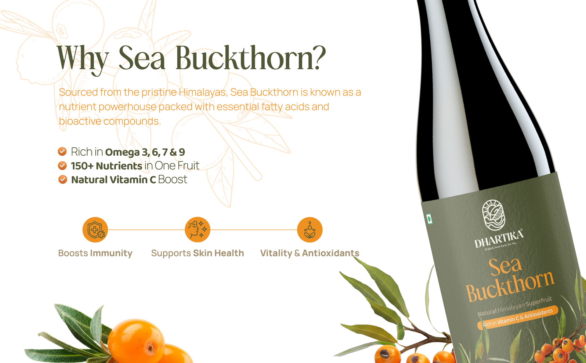 Dhartika Himalayan Sea Buckthorn Juice Pulp Liquid Concentrate Supplement For Healthy Body | Cold Pressed from Ladakh Berries | Natural Vitamin C, Omega 3-6-7-9 & Antioxidants | Supports Immunity, Skin Glow & Gut Health - 500ML