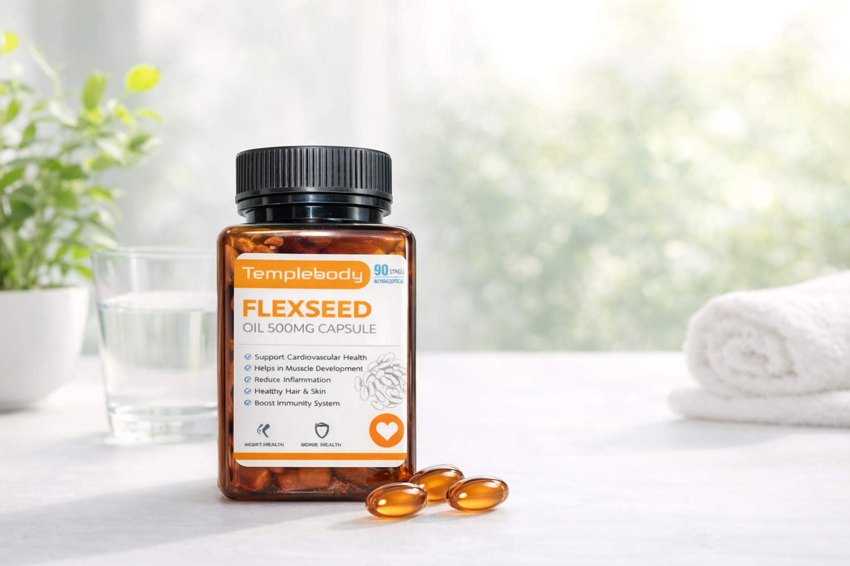 Flaxseed Oil 500mg – 90 Softgel Capsules | Omega-3 Rich Supplement for Heart, Joint & Skin Health | Cold Pressed, Plant-Based Source