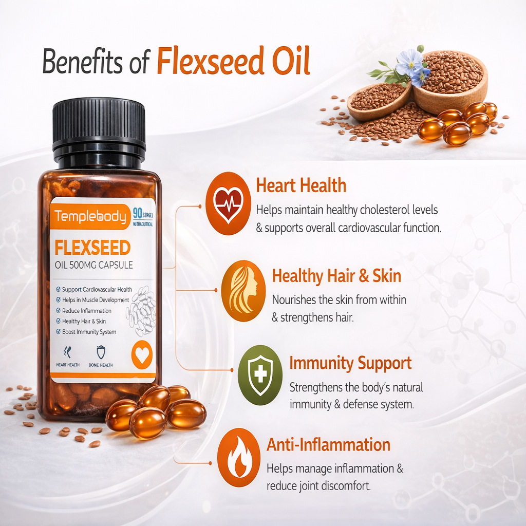 Flaxseed Oil 500mg – 90 Softgel Capsules | Omega-3 Rich Supplement for Heart, Joint & Skin Health | Cold Pressed, Plant-Based Source