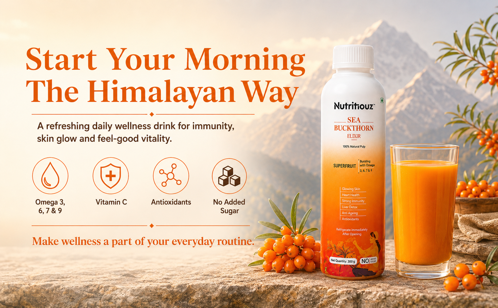 Himalayan Sea buckthorn Elixir – 300 ml | Cold-Pressed Sea Buckthorn Pulp | Rich in Natural Vitamin C, Omegas 3, 6, 7 & 9 | Antioxidant-Rich Herbal Juice for Immunity, Heart Wellness, Skin Radiance & Digestive Health
