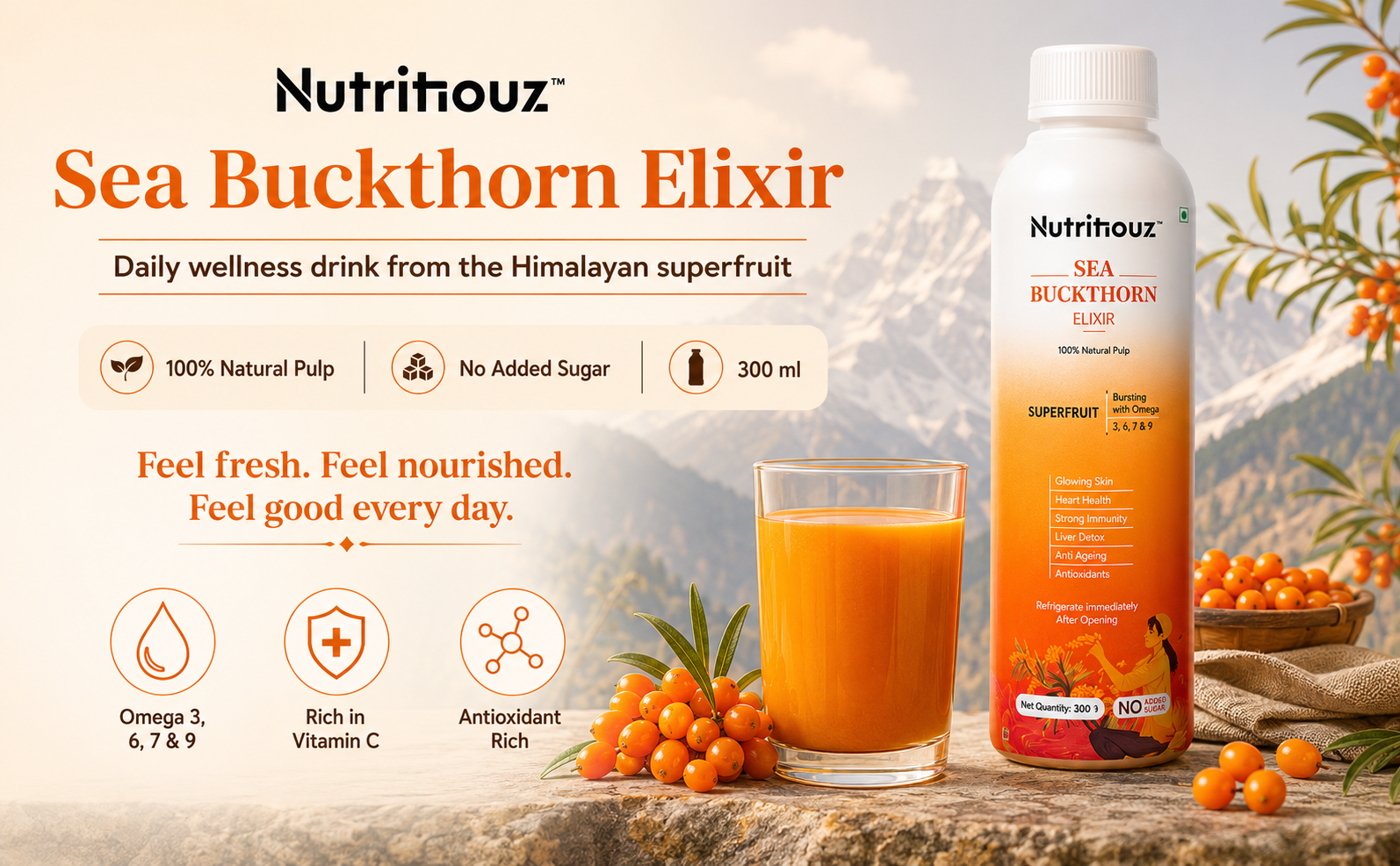 Himalayan Sea buckthorn Elixir – 300 ml | Cold-Pressed Sea Buckthorn Pulp | Rich in Natural Vitamin C, Omegas 3, 6, 7 & 9 | Antioxidant-Rich Herbal Juice for Immunity, Heart Wellness, Skin Radiance & Digestive Health | Pack of 4