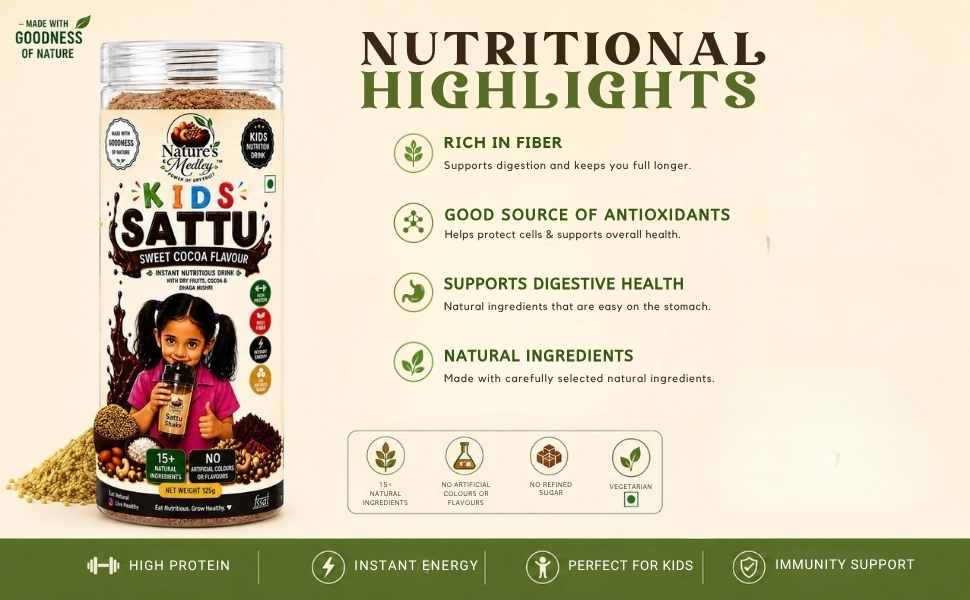 Nature's Medley Kids Sattu Powder with Cocoa Flavour & Dhaga Mishri | Dry Fruits Enriched | Rich in Omega & Protein | No Added Sugar | No Preservatives | Energy Drink for Children | 125g