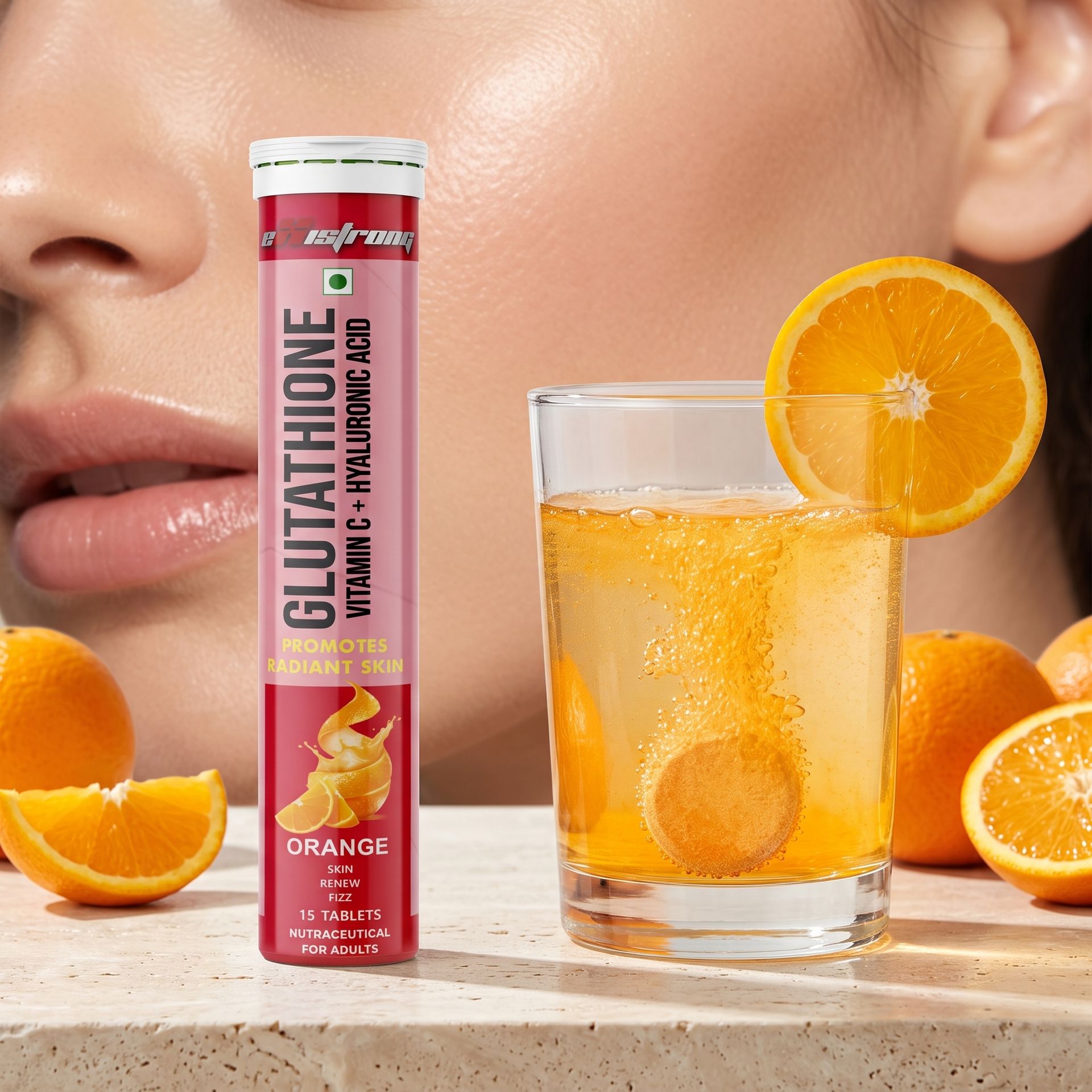 Glutathione Effervescent Tablet With Vitamin C & Hyaluronic Acid (Pack Of 4 Orange) 15 Tablet, 60 Counts | 500mg L-Glutathione, Vitamin E