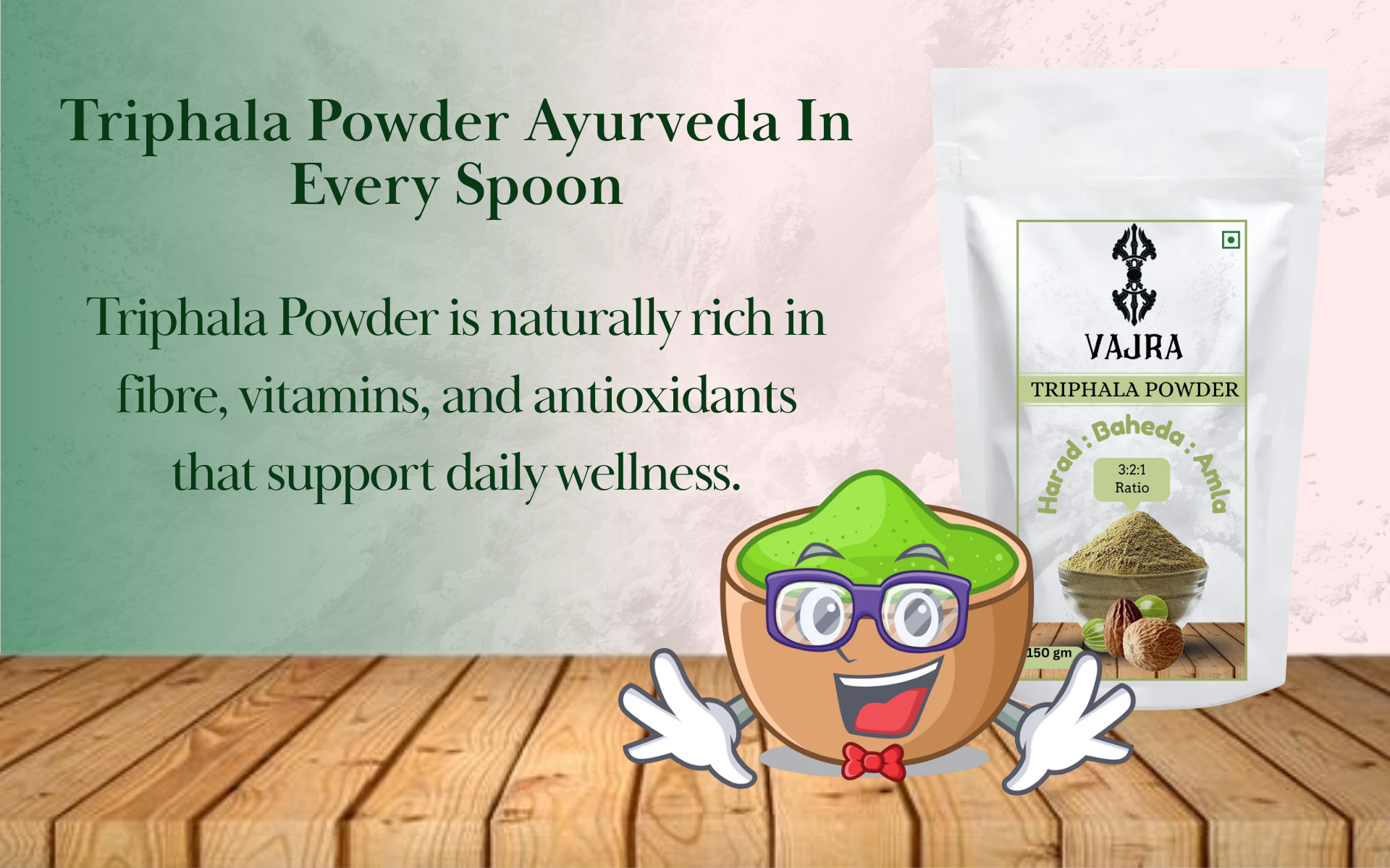 Vajra Triphala Powder, 100% Organic Amla Baheda Harad, 3:2:1 Ratio, Ayurvedic Digestive & Detox Supplement, 150 gm (pack 1)