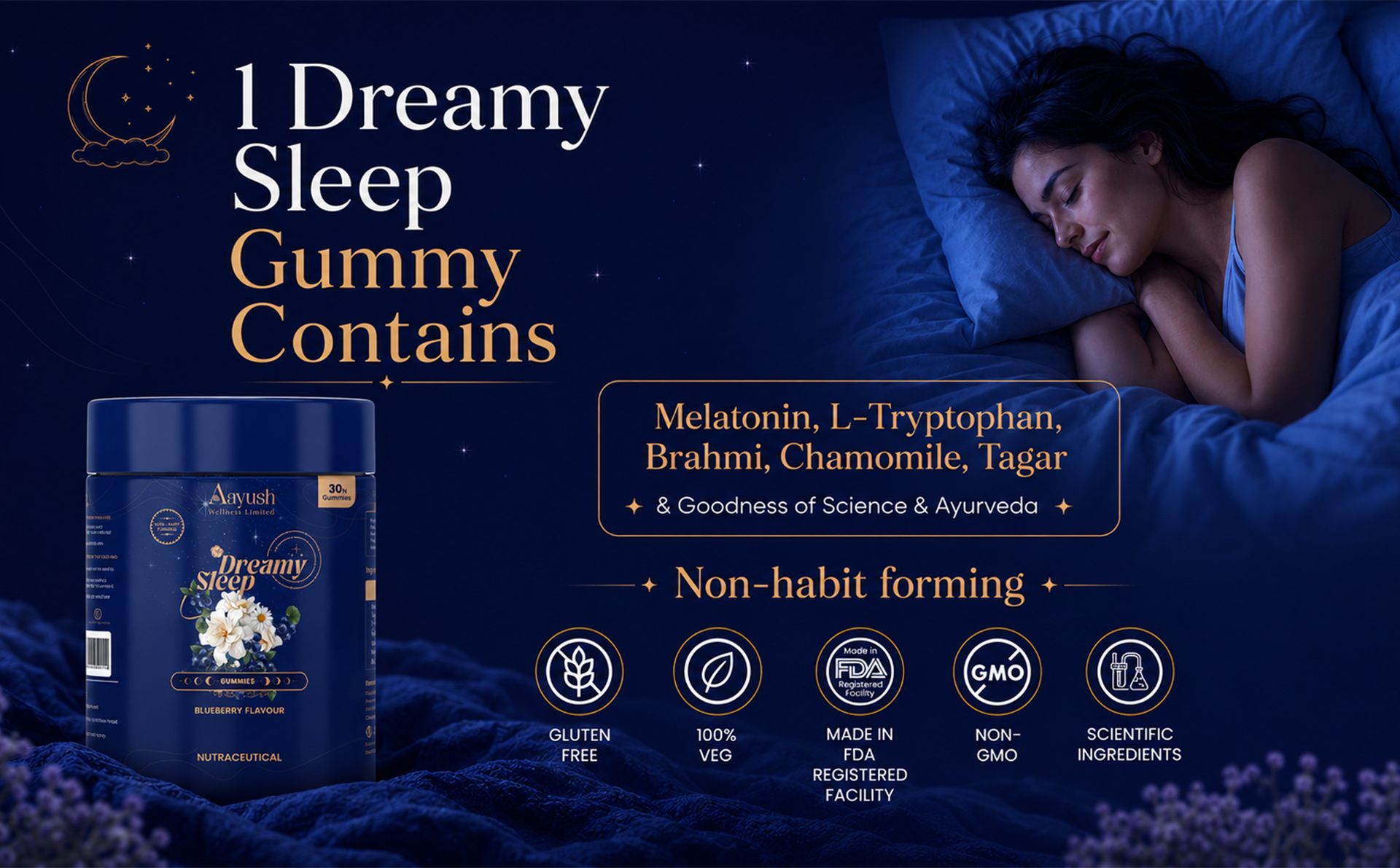 Aayush Wellness Sleep Gummies (Blueberry Flavor) | For Adults With Chamomile, Tagar & L-Tryptophan | Sleep Wellness, Calm Mind, Relaxation Support & Bedtime Routine | Gummy - 30 Gummies
