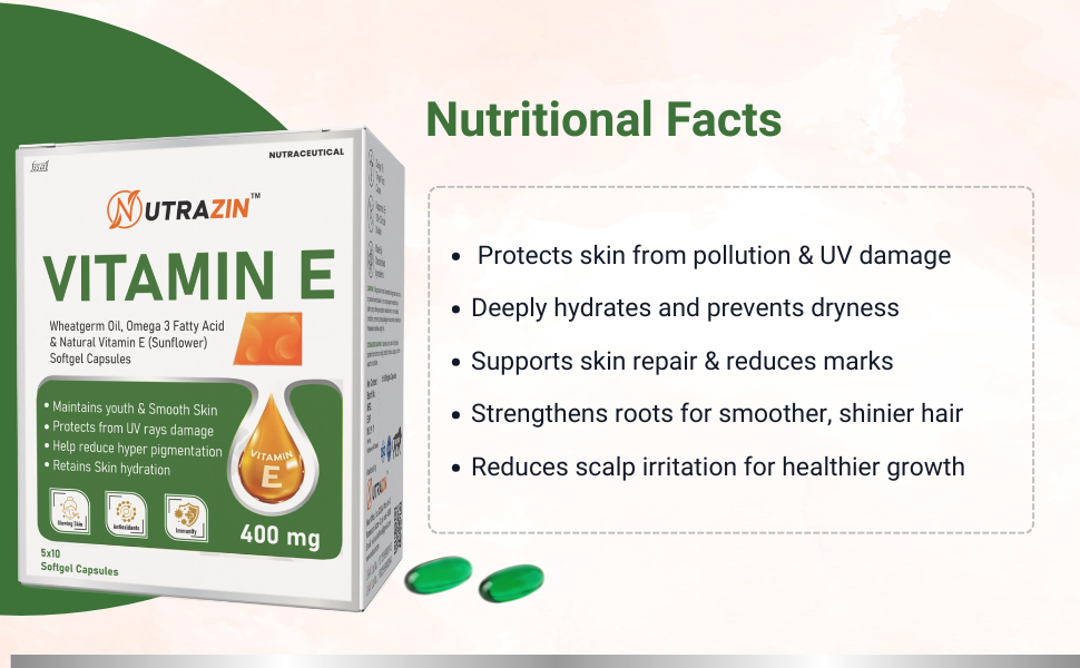Vitamin E 400 mg Capsules with Wheatgerm Oil & Omega 3 | Vitamin E Capsules for Face and Hair | Antioxidant Support | 50 Softgels