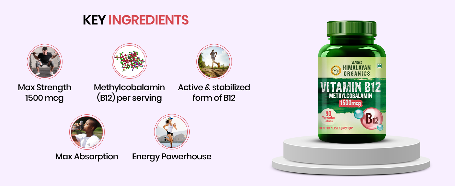 Vlado's Himalayan Organics Vitamin B12 Tablets 1500 mcg - Active form of Methylcobalamin Vitamin B12 Supplements for Men & Women - 60 Veg Tablets