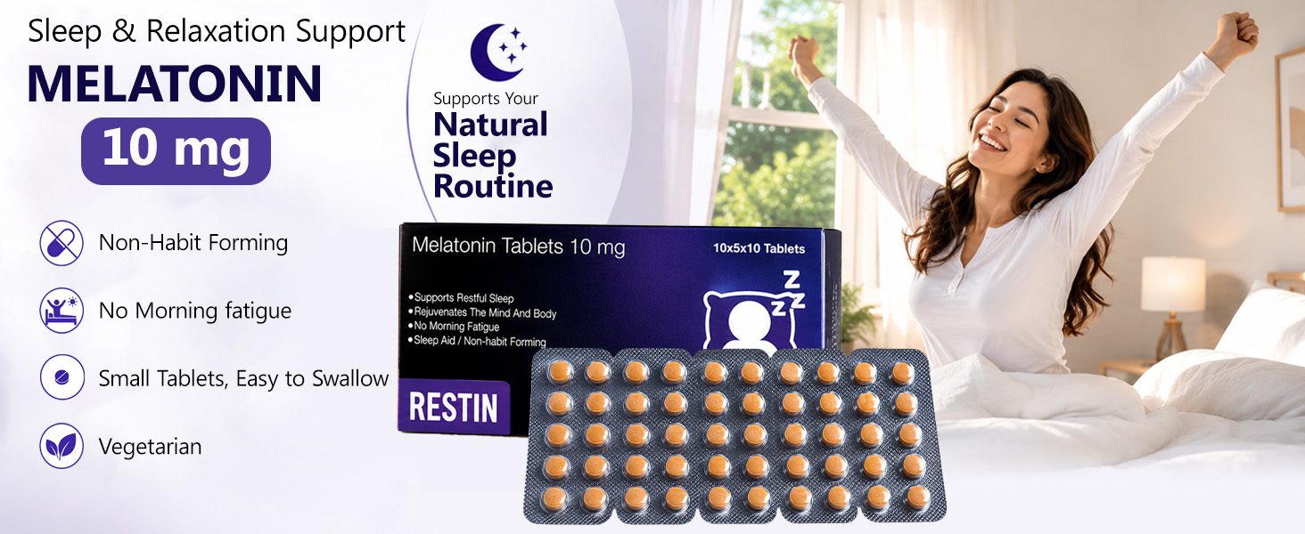RESTIN SLEEPING MELATONIN TABLETS 10 MG FOR MEN AND WOMEN | Deep Sleep Oral Dissolving Mini Mints Effervescent Supporting Restful Sleep | (10 x 5 Tablets) 50 PC