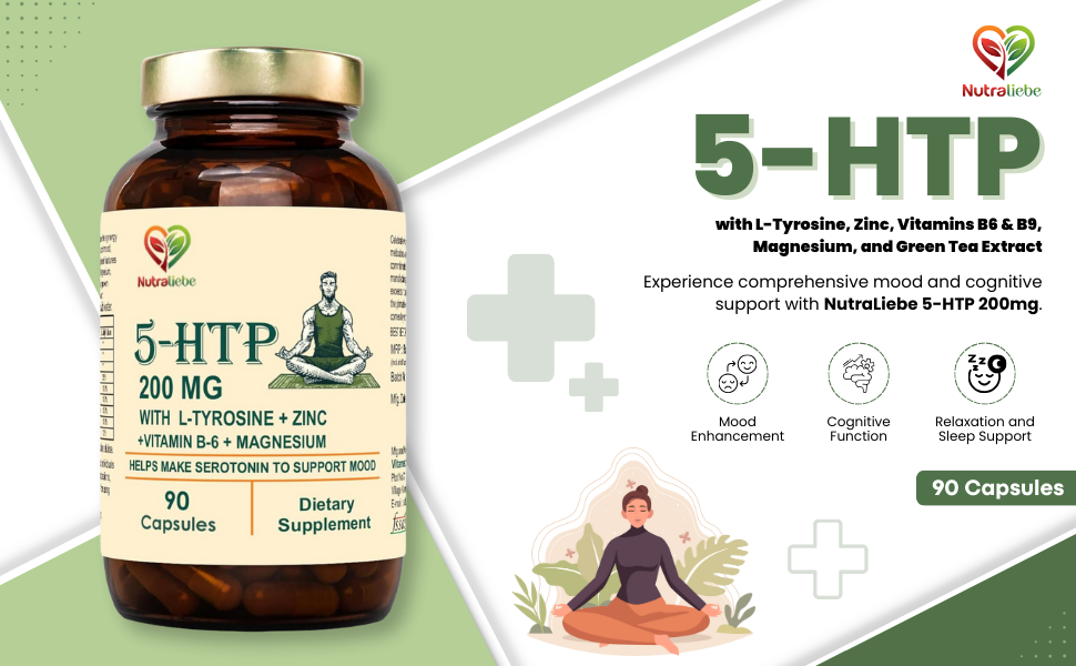 5-HTP 200mg with L-Tyrosine, Zinc, Vitamins B6 & B9, Magnesium, Ashwagandha, Green Tea Extract - 90 Capsules for Mood, Relaxation, and Cognitive Support
