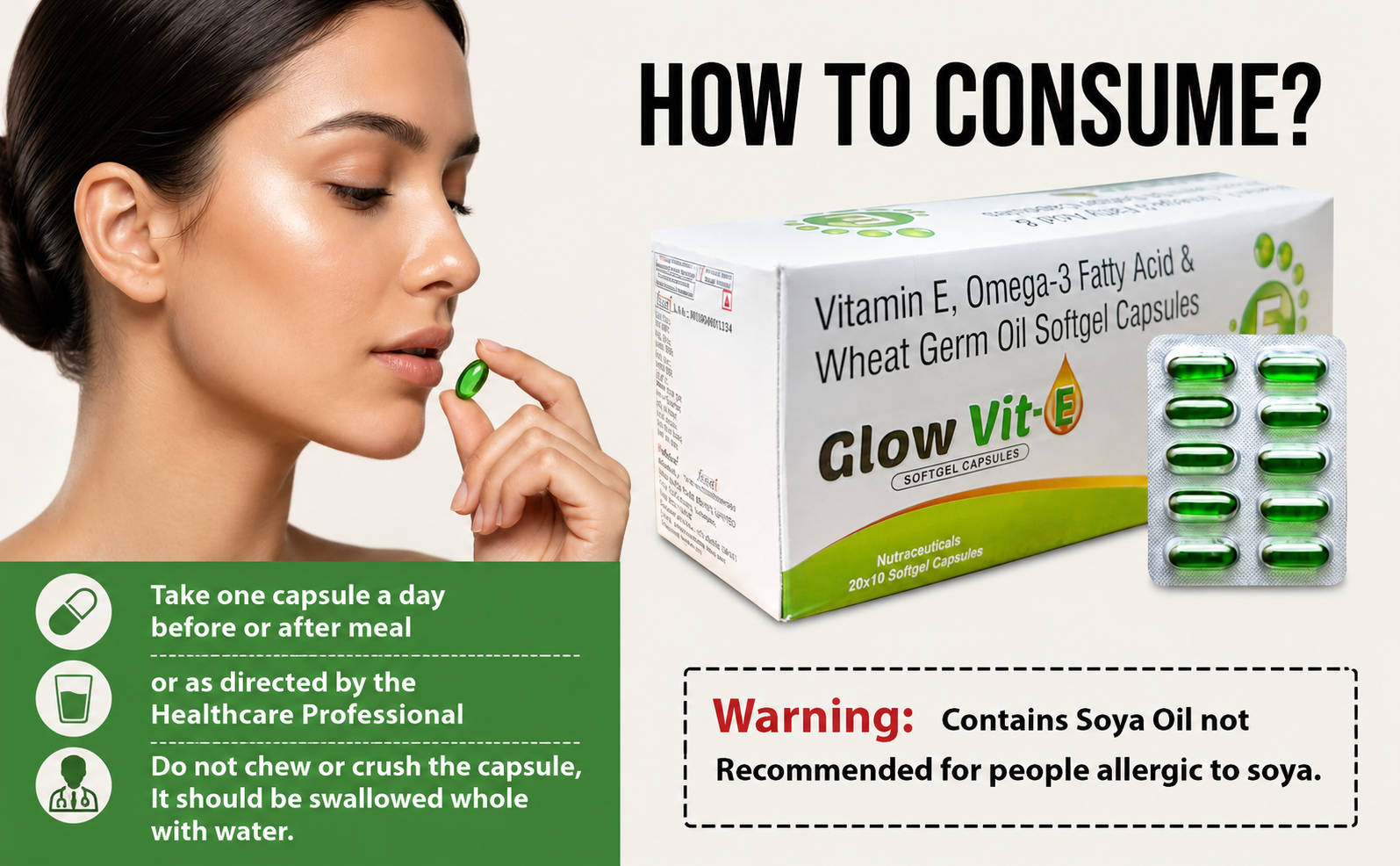 Glow Vit-E Softgel Capsules | Vitamin E, Omega-3 Fatty Acids & Wheat Germ Oil Supplement for Glowing Skin, Strong Hair & Heart Health | Antioxidant Support for Men & Women | 30 Softgels (Pack of 3)