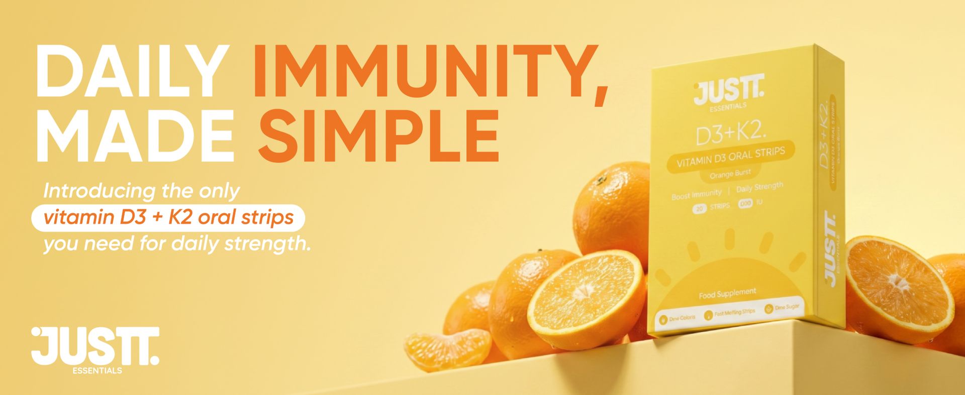 Justt Essentials D3+K2 Vitamin D3 Oral Strips (Pack of 2), 600 IU, Orange Burst Flavour, Fast Dissolving, Sugar-Free, 60 Strips