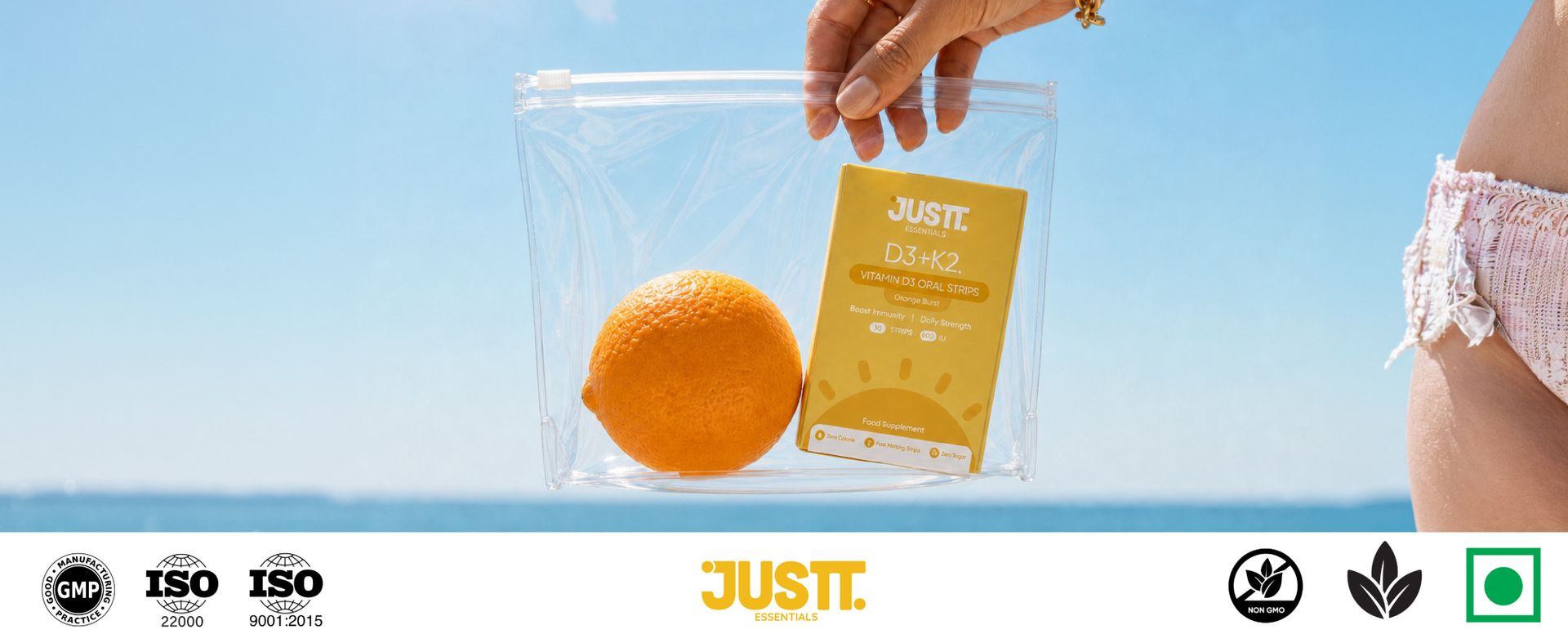 Justt Essentials D3+K2 Vitamin D3 Oral Strips (Pack of 2), 600 IU, Orange Burst Flavour, Fast Dissolving, Sugar-Free, 60 Strips