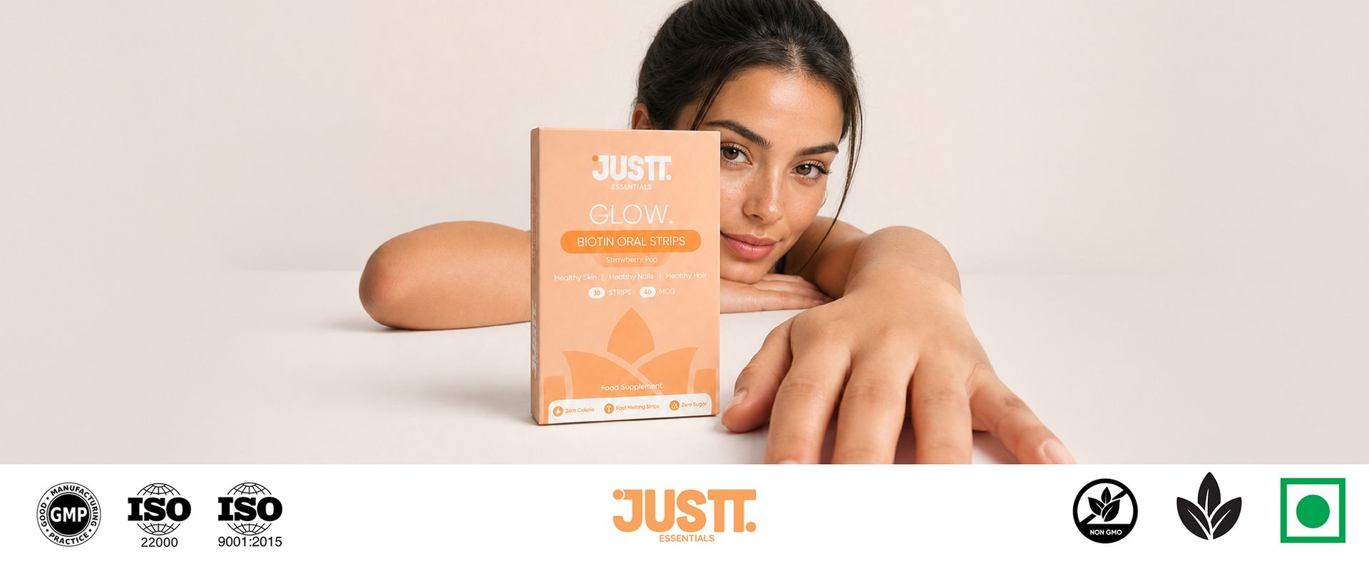 JUSTT ESSENTIALS Glow Biotin Oral Strips for Healthy Hair, Radiant Skin & Strong Nails | Pack of 1, 30 Days Pack | 10,000 mcg Sesbania Extract | Strawberry Pop Flavour | Sugar-Free Fast Dissolving Vegan Strips