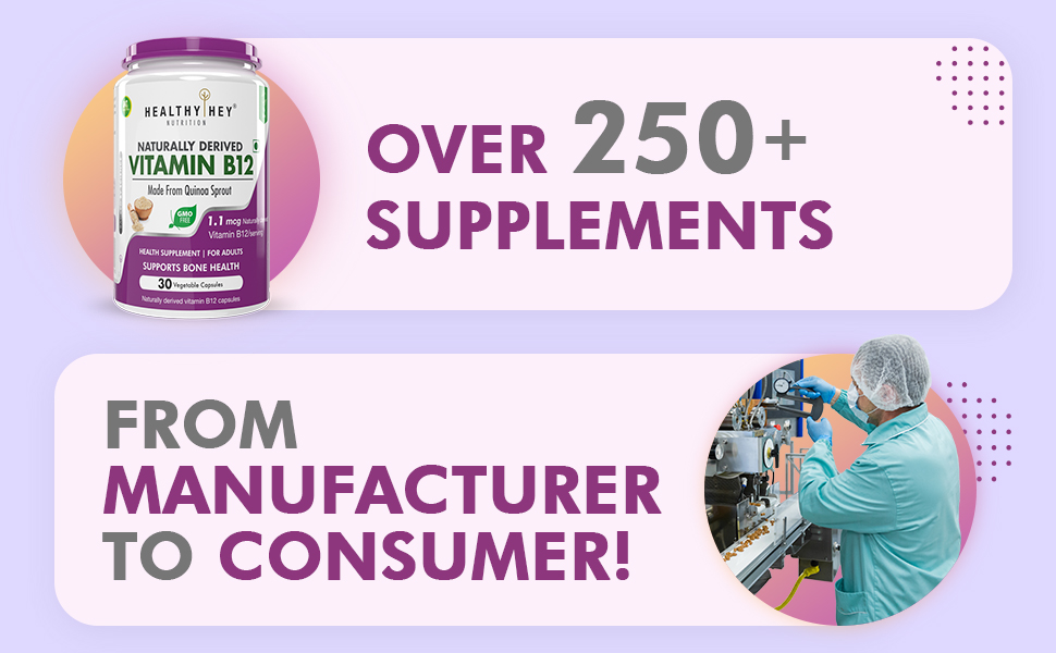 HealthyHey Nutrition 100% Natural Vitamin B12 - Support Immune Health | Non-Synthetic, No-Chemical | 30 Veg. Capsules