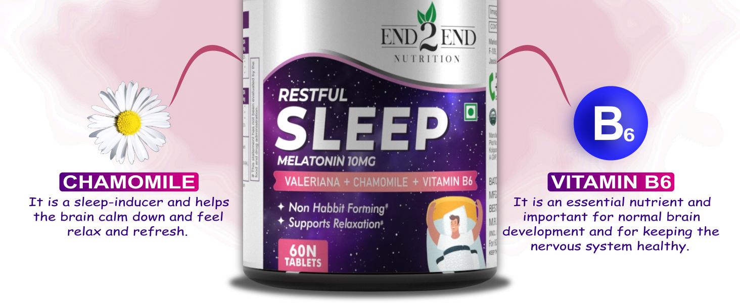 End2End Nutrition Restful Sleep with Melatonin 10mg and Tagar 250mg | Sleeping aid pills for Deep and Strong Sleep for Men and Women | Non-Habit Forming & Non-Addictive – 60 Tablets