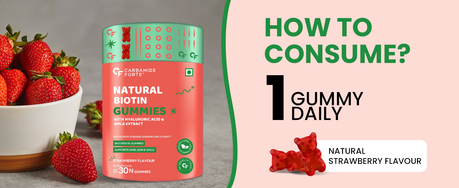 Carbamide Forte Biotin Gummies for Hair Growth | Supplement for Men & Women | - 30 Veg Strawberry - Flavored Gummies