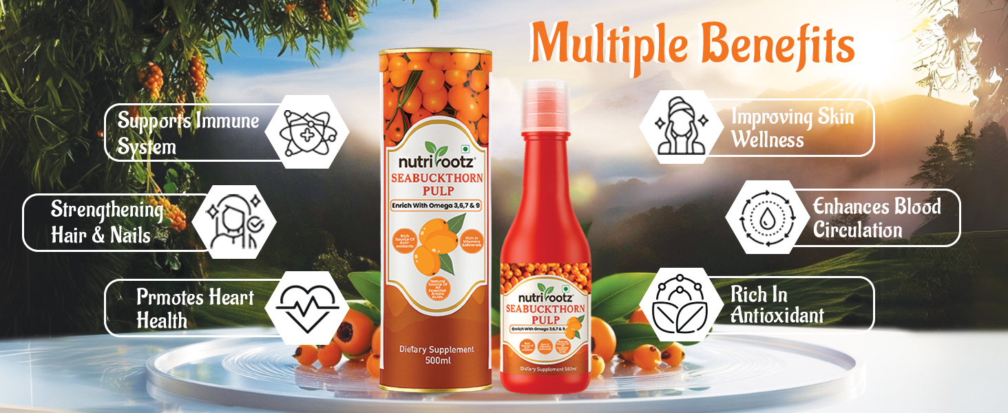 Nutrirootz HIMALAYAN SEA BUCKTHORN PULP | Pack of 2 (500ml Each) | Herbal Juice | Himalayan Superfruit Juice - Rich In Omega 3,6,7,9 & Vitamin C | Cold Pressed | Rich in Antioxidants | Immunity Booster