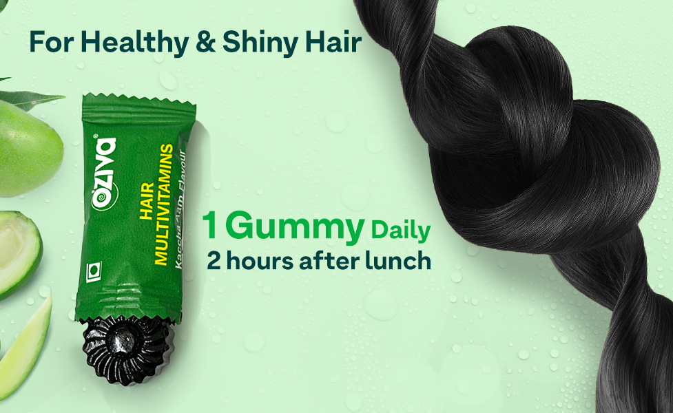OZiva Biotin Hair Multivitamins Gummies For Stronger,Fuller,Shinier Hair|Hair Gummies With Keratin Builder,Iron&Vitamins B9,B6&D|Raw Mango Flavour|No Added Sugar (Pack Of 1,30 Gummies)