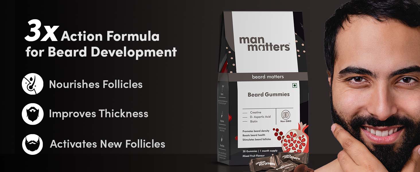 Man Matters Beard Gummies for Men | 30 Days Pack | Thicken Beard, Stimulates Beard Follicles & Improves Beard Density | Biotin, D-aspartic Acid & Creatine | Gelatin-Free,100% Veg