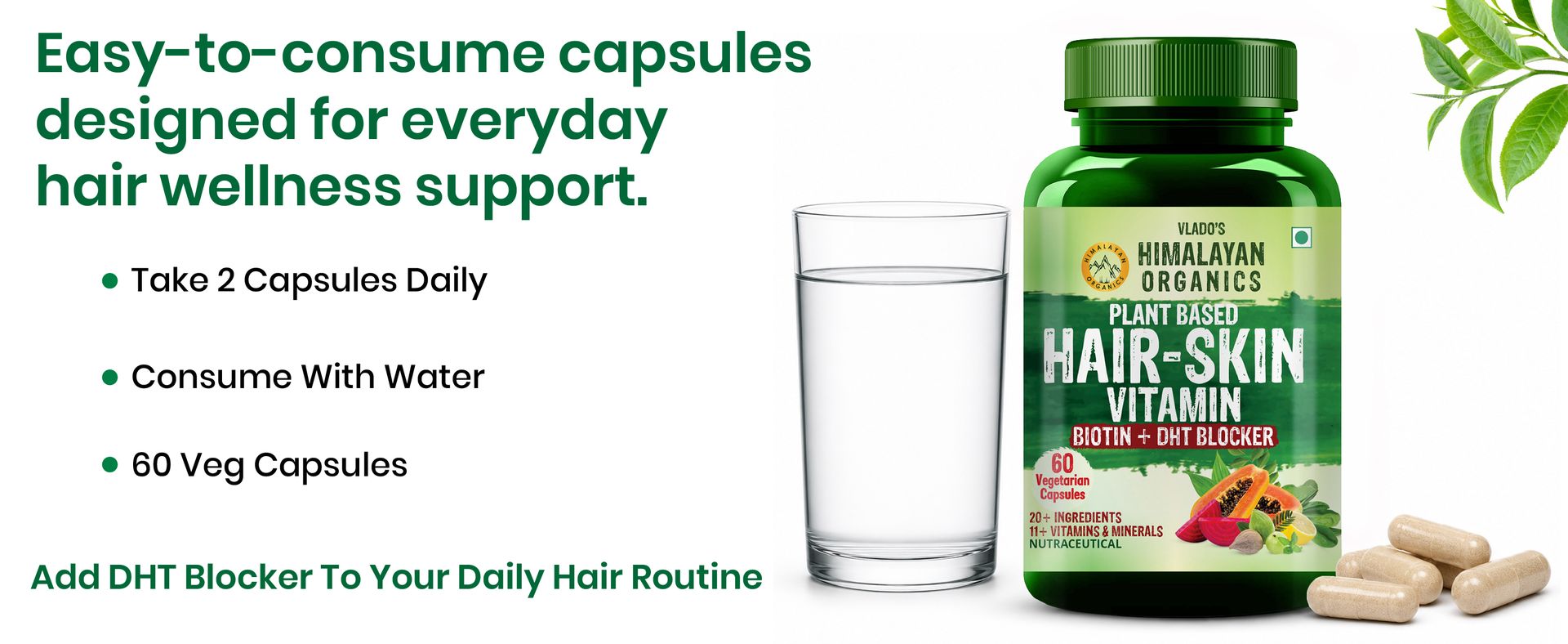 Vlado’s Himalayan Organics Pure Biotin, DHT Blocker Supplement, Plant-Based Vitamin B1, B2 , B3, B5, B6, B7 , B9, B12 , Vitamin c ,Vitamin D3 ( Cholecalciferol ) (With Goodness of Nettle Leaves | Helps Reduce Hair Fall, Controls Hair Fall, Stimulates Hair Follicles & Promotes Hair Growth | For Men And Women - 60 Veg Capsules