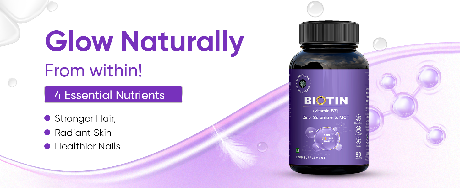 CUREFOREVER Biotin Tablets for Hair Growth, Skin & Nails – 100% RDA with Zinc, Selenium & Coconut MCT | Supplement For Healthy Hair, Nails & Skin | 90 Veg Tablets for Men & Women | 3 Months Supply | 1 Daily Dose