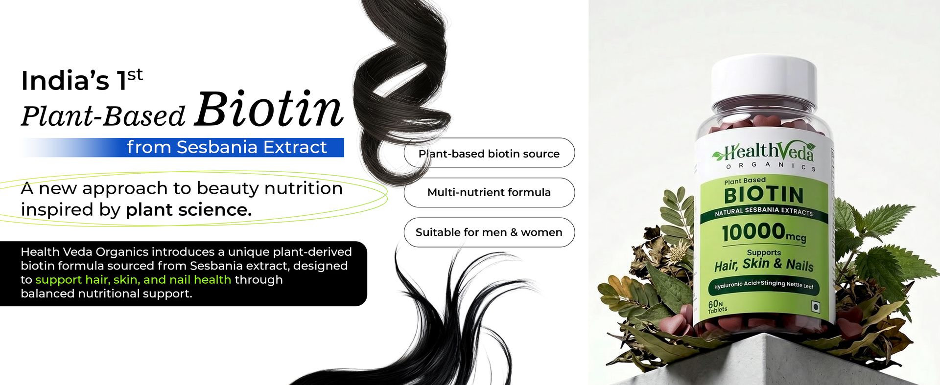 Health Veda Organics Biotin Tablets for Hair Growth | Biotin Supplement 10000mcg for Men & Women | Supports Hair, Skin & Nails | With Bhringraj, Stinging Nettle, Green Tea, Zinc & Vitamin E | 60 Tablets