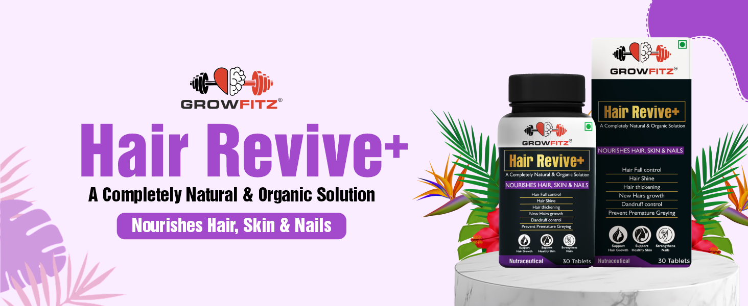 Growfitz Hair Revive+ | Ayurvedic & 100% Natural | Hair Growth, Skin, Nails | For Men & Women - 30 veg tablets (Pack of 4)