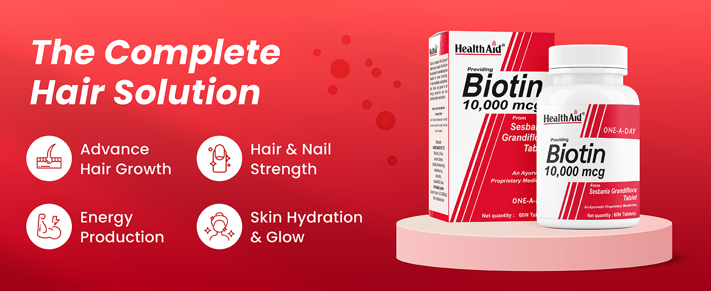 HealthAid Biotin 10000mcg – 60 Vegetarian Tablets | Plant-Based Biotin from Sesbania | Supports Healthy Hair, Skin & Nail Strength for Men & Women (Pack of 2)
