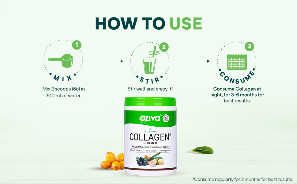 OZiva Plant Based Collagen Builder Powder (With Vitamin C) Berry Orange,250G & Plant Based Biotin 10000+ Mcg (With Natural Sesbania Agati Extract) For Stronger Hair & Healthier Skin,125G(Combo Pack)