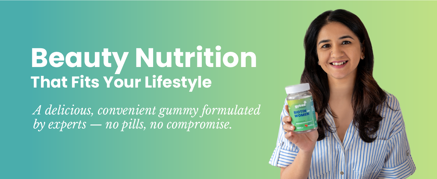 Gytree Biotin Gummies for Complete Hair, Skin & Nail Support | With Vital Nutrients, Inositol & Vitamin C, A, E, B6, Folate, Zinc | Strawberry Flavour | No Gelatin, No Soy, Lactose Free (60 gummies)