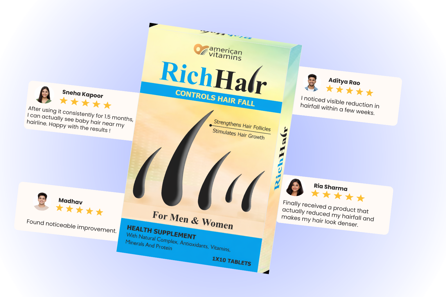 RICHHAIR Advanced Hair Supplement for Strength & Growth Support with Biotin, Amino Acids, Grape Seed Extract & 10+ Essential Vitamins – 10 Capsules for Men & Women