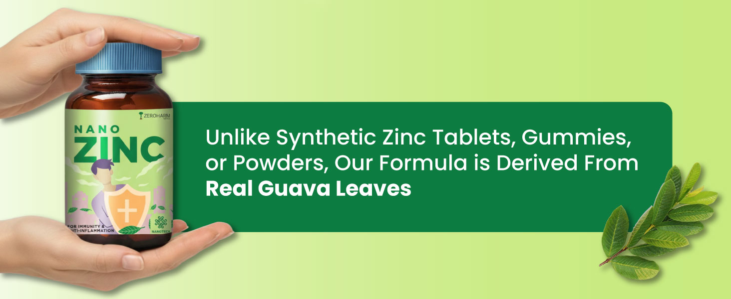 ZEROHARM Zinc Tablets | Guava Leaves Extract | 600mg per Serving | Nano Formulated Zinc For High Absorption | Immunity, Skin, Hair, Bone, Vision & Cognitive Health | For Men & Women | 120 Veg Tablets
