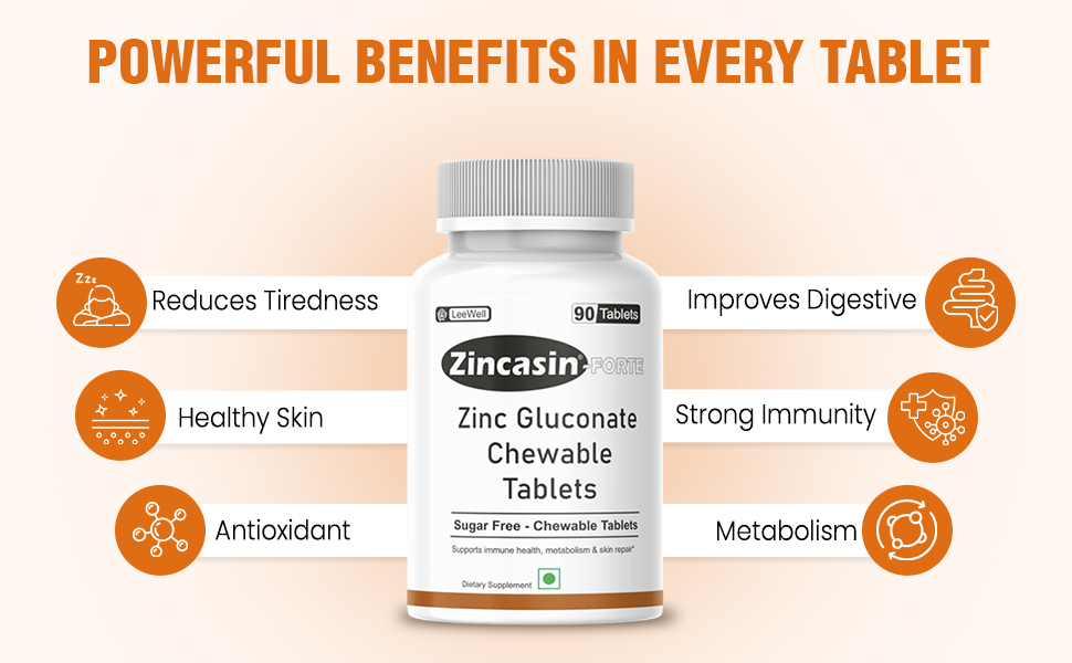 Zincasin Forte (LeeWell) Zinc Gluconate Chewable Candy | Zinc Supplements for Immune Support, Skin Health, Hair & Nail Maintenance | Metabolism Support | Daily Zinc Mineral Supplement - 90 Tablets