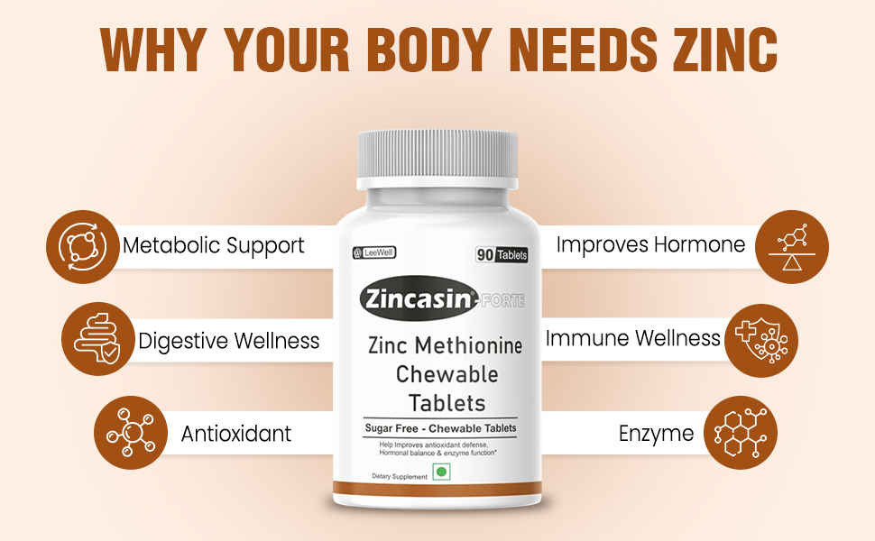 Zincasin Forte (LeeWell) Zinc Methionine Chewable Candy Tablets | High Strength Zinc Supplements for Immune Support, Hormonal Balance, Skin & Overall Wellness | Easy-to-Chew Zinc Supplement for Men & Women -90 Tablets