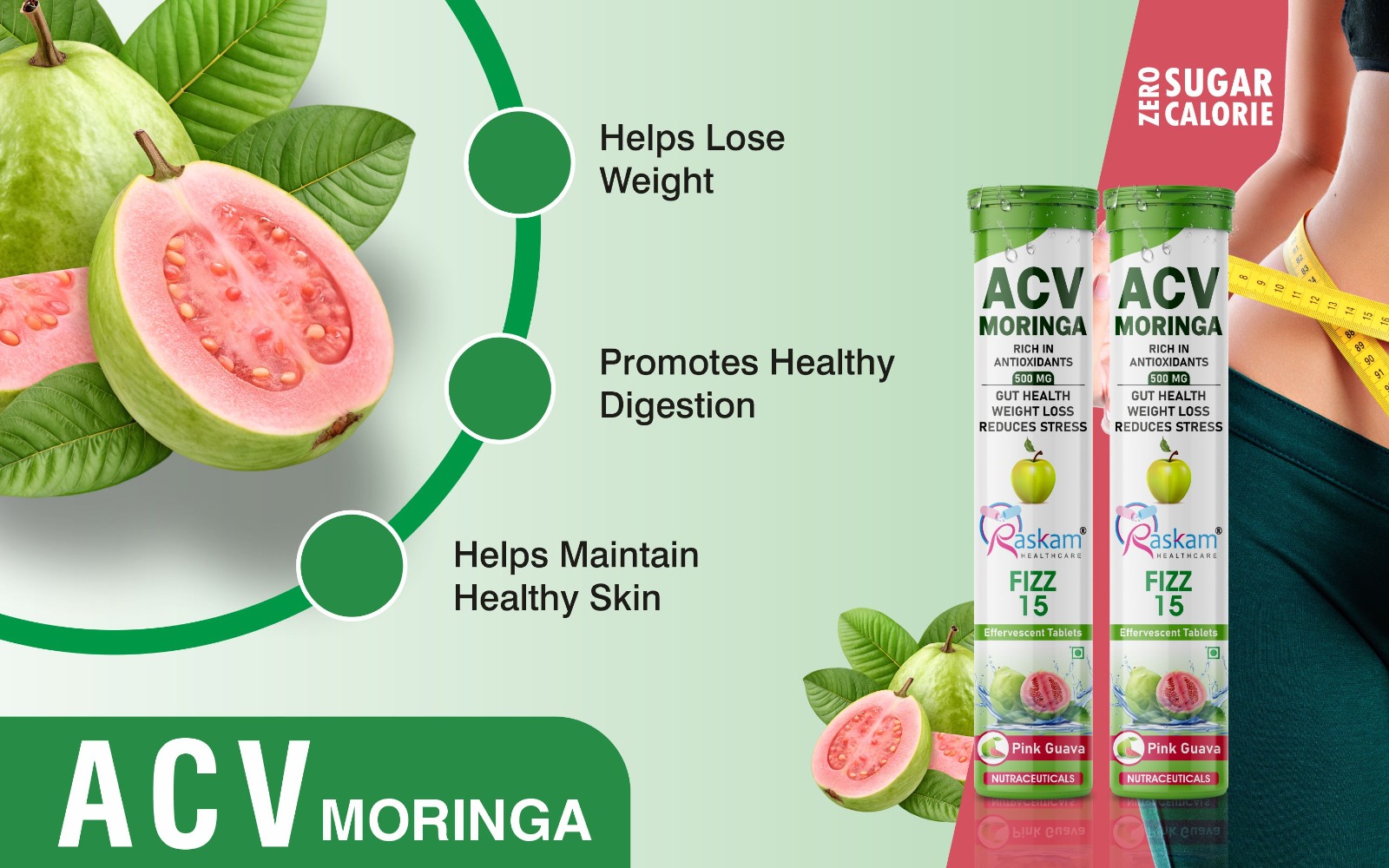Apple Cider Vinegar Moringa Fizz Tablets 500mg – Pink Guava, Antioxidant & Immunity Booster, No Added Sugar – 15 Effervescent Tabs (Pack of 2)