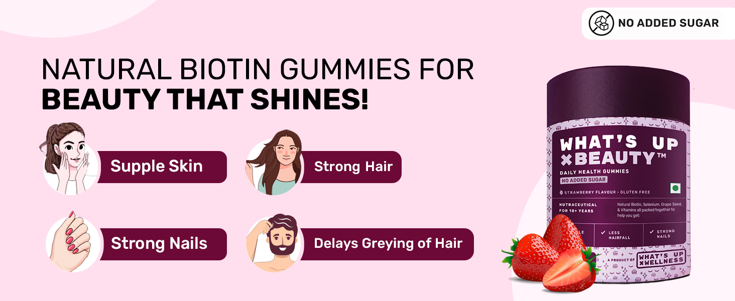What's Up Wellness Beauty Hair Gummies for Hair Growth, Glowing Skin & Nails | No Added Sugar | Zinc, Folic Acid, Multivitamins | For Men & Women | Natural Biotin Supplement – 60 Days