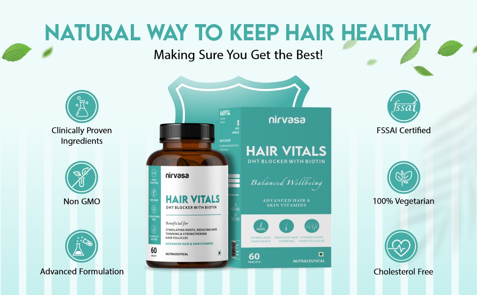 Nirvasa Hair Vitals DHT Blocker with Biotin (650mg) – 60 Tablets | Supports Hair Growth, Strength & Thickness | Reduces Hair Fall & Breakage | With Beta-Sitosterol | For Men & Women – Pack of 1