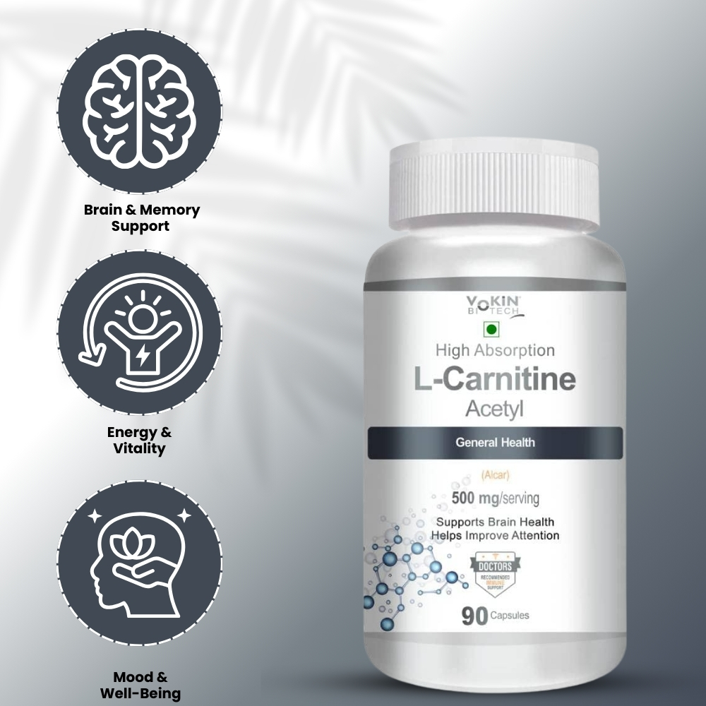 Vokin Biotech L-Carnitine Acetyl (ALCAR)- Support Brain Health- 500 mg – 90 Capsules