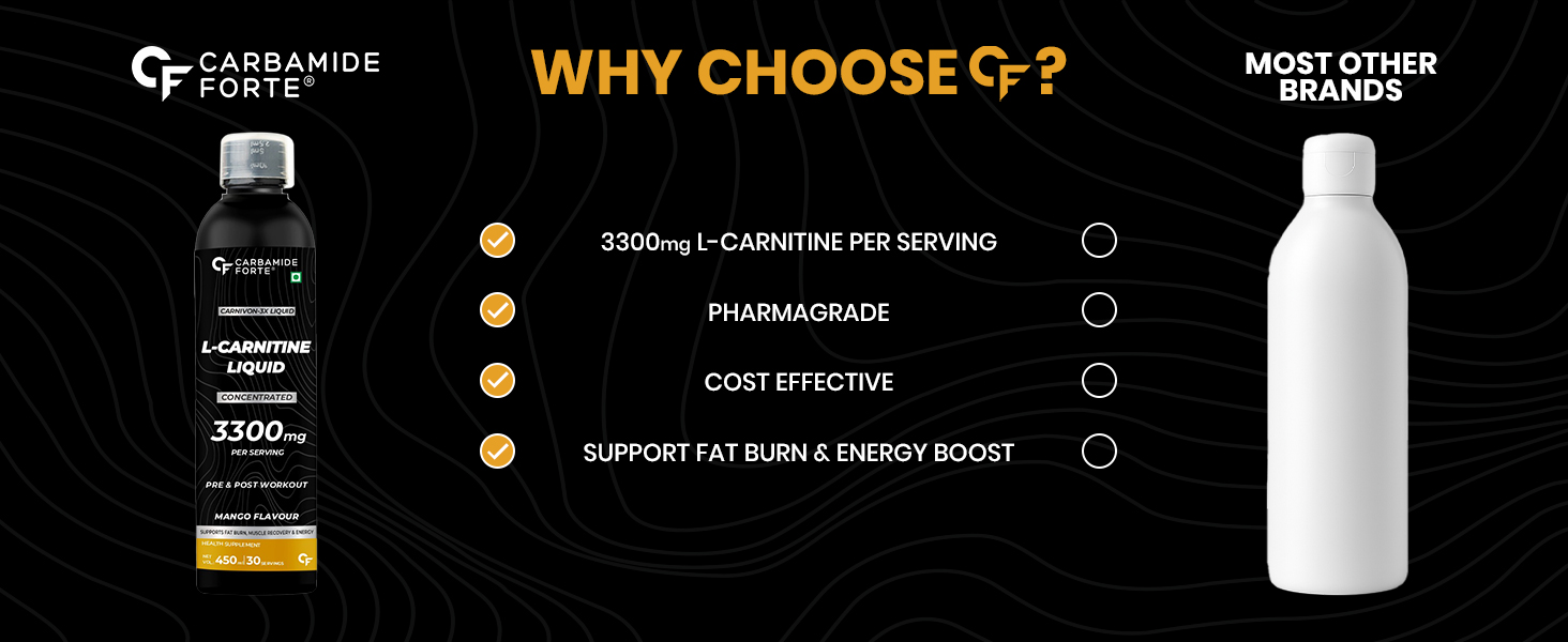 Carbamide Forte L Carnitine Liquid 3300mg Per Serving with Added Vitamins - Mango Flavour - 30 Servings - 450ml (Pack of 3 count)